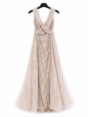Catwalk 60133 Champagne Beaded V-Neck Evening Gown